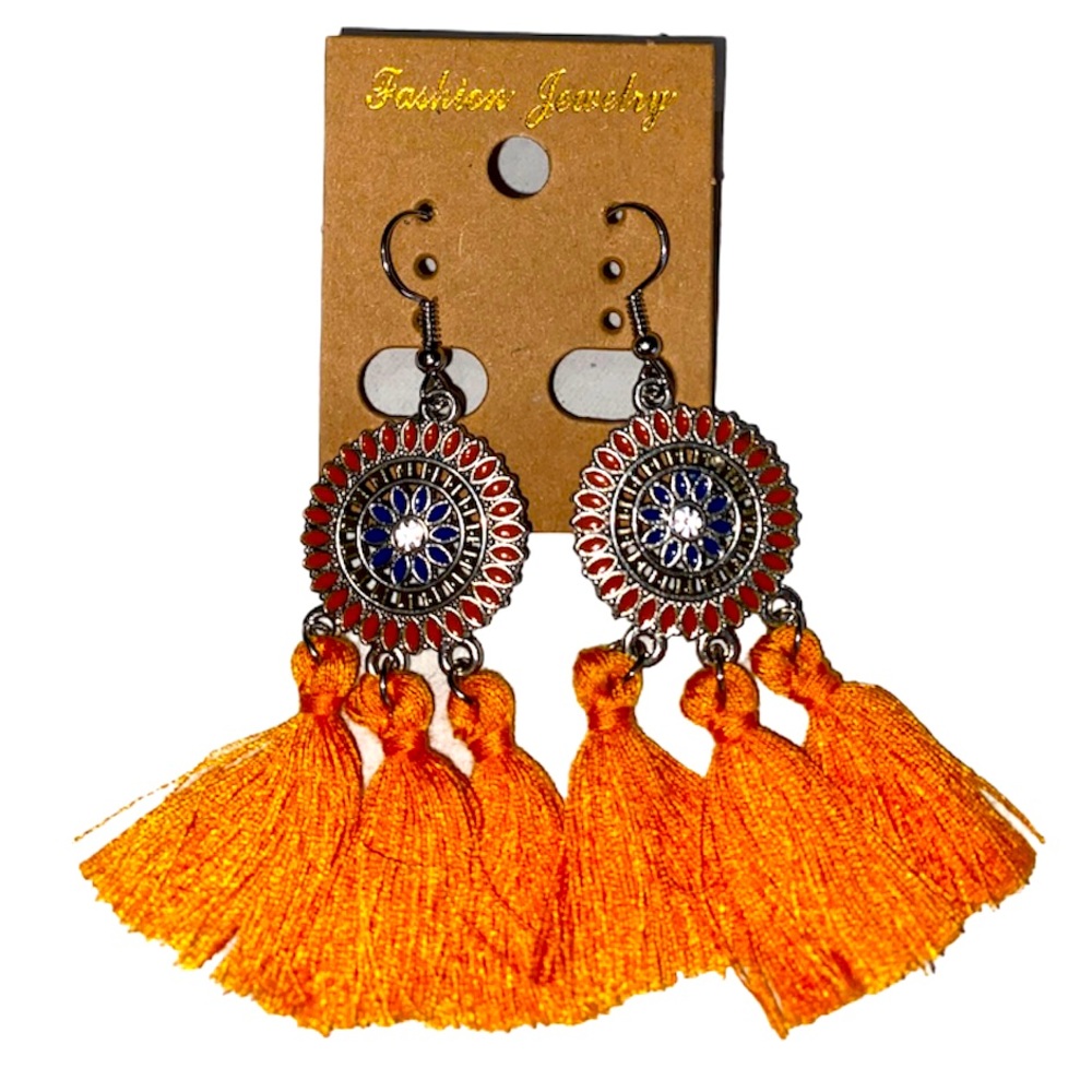 Boho Flower and Tassel Dangle Hook Earrings Orange - Picture 1 of 1